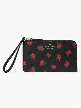 kate spade Lucy Medium L Zip Wristlet Black With Rose Floral Pattern~Like New